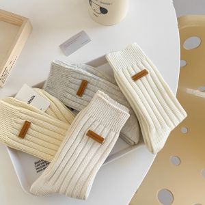 All Store Socks Womens Mid Tube Stockings Spring & Fall Days Stylish Side Leather Tag Thick Thread Double Needle Trendy Socks Sweat Absorption