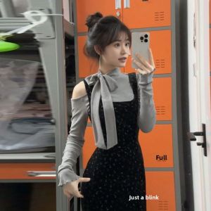 CHANGTONG | Long Sleeve Underwear Top Velvet Halter Fish Tail Dress