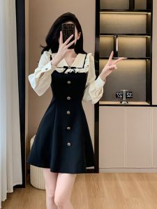 Váy Đen Cổ Chữ V Phong Cách Hepburn Dành Cho Nữ Mùa Thu 2025 Váy Công Chúa Ngọt Ngào Thanh Lịch Mới Cao Cấp Váy Chữ a Dài Tay