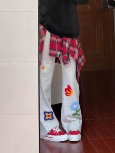 กางเกงวอร์มลายดอกไม้สไตล์สตรีทอเมริกัน กางเกงขายาวทรงตรงหลวมๆ ลำลอง ฤดูใบไม้ร่วง 2025 กางเกงขายาวทรงหลวมอเนกประสงค์