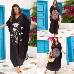 ชุดว่ายน้ำบิกินี่เรโทรเสื้อคลุมชายหาดคอวีเซ็กซี่สีดำพิมพ์ลายสำหรับผู้หญิงชุดเดรสแม็กซี่ฤดูร้อน