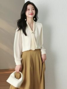 AMMIN 2025 Spring New Fashion Pleated Beaded Tie Design Commuter Chiffon Blouse for Women Korean Style Simple Light Green Long Sleeve Elegant Blouse