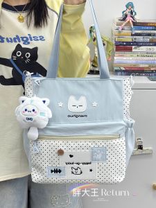 Japanese Style College Preppy Polka Dot Cat Cartoon Tote Bag Womens Large Capacity Single Shoulder Bag for Class And Travel