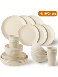 4/16/24pcs Plastic Dinnerware Set Reusable Cup Plate And Bowl Set Suitable For Camper Camping Picnic Dormitory Beige