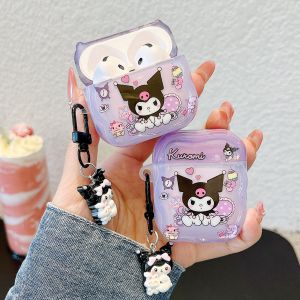 【New】Wave Anime Cartoon Kuromi Pattern Thickening IMD Earphone Protective Case Pattern with Pendant For AirPods Gen 1/2 Gen 3 4 Pro Pro2 Earphones