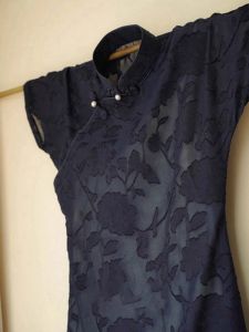 Elegant Chinese Cheongsam Style Dress Stand Collar Base Color Dark Blue Womens Dress Polyester Fiber Slim Fit Commute Pattern