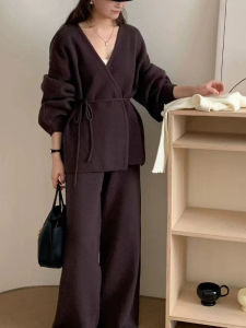 Autumn Winter Women Fashion V-neck Long Sleeve Lace Up Sweater High Waist Trousers Casual Women Two Piece Sets Womens Outifits