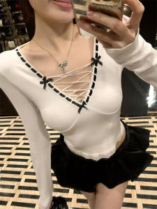 Hollow out Belted Design Long Sleeve T-Shirt Slim Fit Lace Trim Butterfly Knot Short Style Casual Womens Tee Comfortable Cotton Pullover