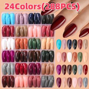 24Colors 288pcs Glossy Medium Almond Fake Nails Solid Color  Simple Press On Nail for Women Wearable Colorful False Fingertips 1
