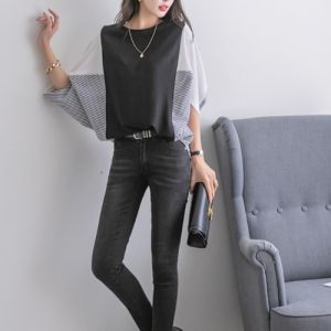 Áo Thun Tay Rộng Cổ Tròn Mùa Hè Cho Nữ Cỡ Lớn Màu Sọc Dọc Phong Cách Đường Phố Thường Ngày Có Tay Áo Hình Cánh Dơi