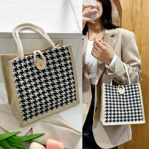 Houndstooth Pattern Canvas Tote Bag Canvas Tote Bag  Casual Bag Portable Storage Handbag Button Decor Shopping Bag