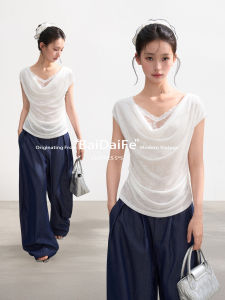 BAIDAIFEI | White Lace Faux Two-Piece Flared Neck Sleeveless Waist-Cinching Short Top
