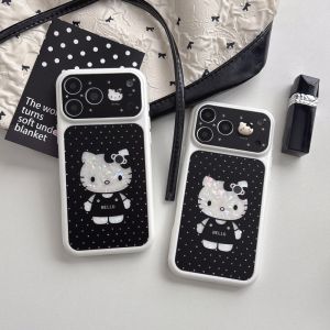 Sanrio | Black Polka Dot KT Sanrio Shockproof Phone Case For iphone 15 16 17 Pro Max Lens Protective Cover With Cute 3D KT Accessories