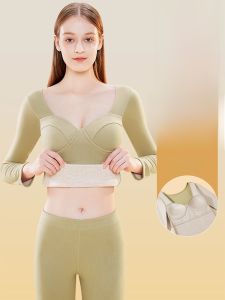 miiow | Warm Thermal Underwear Set For Women With Chest Pad Vest Long Pants Polyester Fiber Fleece Linen Silk Wool Thickened Double Layer