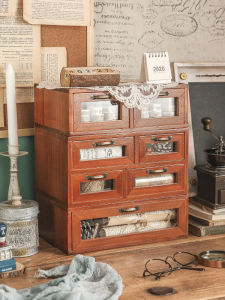 Retro Wooden Desktop Storage Box Drawer Style Cosmetic Cabinet Dormitory Desk Tape Placement Shelf Rectangular Shape Home Organization
