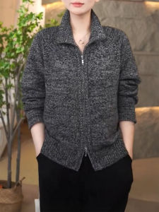 QINGNAER | Stylish Versatile Plus Size Old Money Vintage Gray Mixed Yarn Knit Cardigan