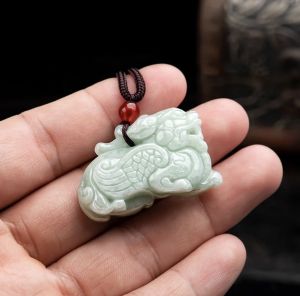 Genuine Jade Pixiu Natural Myanmar green jade piyao Feng shui Jadeite bring Wealth lucky necklace Kirin Pendant Genuine Jadeite Pendants Green Jade necklace 3D carving Pixiu natural Burma Jadeite Natural Myanmar Jadeite Chain Lucky Piyao