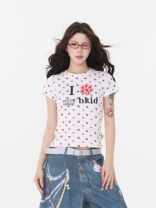 Áo Thun Tay Ngắn in Hình Móng Vuốt Chó Trái Tim Cổ Điển Mỹ Dành Cho Nữ Áo Ngắn Ôm Vừa Vặn Vai Vừa Vặn Chất Liệu Cotton Pha Trộn