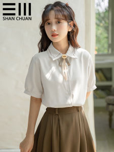 College Style Womens Short Sleeve Shirt Embroidered Lace Collar Button-up Summer Polo Top for Young Adults 18-24