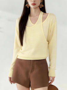 QINGNAER | New 2026 Spring Oversized Womens Sweater Mock Two-Piece Hangneck Long Sleeve
