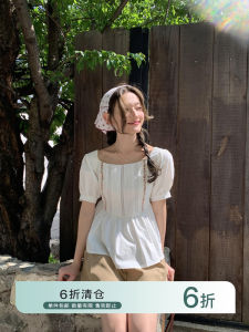 Hello Canon Mùa Hè 2024 Áo Sơ Mi Tay Bong Bóng Phong Cách Quốc Gia Phong Cách Mới Nữ Áo Tuck Xếp Ly Ren Viền Áo Blouse Phong Cách Hàn Quốc Vuông Cổ Áo Rộng Rãi Fit