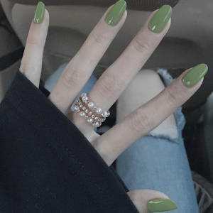 Avocado Green Wearable Nail Art Stickers Removable Medium Long Whitening False Nails Elegant round Shape Simple Daily Design