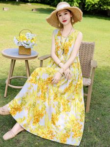Váy Mùa Hè Bằng Vải Lụa Cotton Kiểu Pháp Mới Cho Ngày Lễ Bãi Biển Quần Áo Đi Chơi Mùa Hè Váy Ngắn Không Tay Cổ Tròn Họa Tiết Hoa