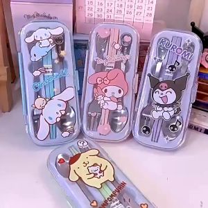 Sanrio New Cute Cartoon Tableware Elementary School Students New Stainless Steel Spoon Fork Chopsticks Set Box