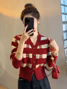 Red Knitted Short Sweater Outerwear Womens Fashionable Autumn Winter Korean Style Versatile Knit Cardigan Breathable Moisture Wicking V Neck Long Sleeve