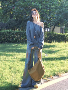 กางเกงยีนส์ทรงตรงขากว้างพิมพ์ลายสไตล์ย้อนยุคแบบยาวสำหรับผู้หญิง กางเกงขายาวทรงตรงสีน้ำเงิน กางเกงยีนส์ทรงสลิมฟิต