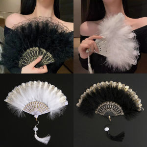 Buy Here พัดจีนขนนกแต่งการเพนท์ลายไทยสีทอง พัดเต้นรํา สไตล์โลลิต้า พัดจีนขนนกFeather Fan