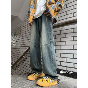 Washed Vintage Mens Jeans Loose Wide Leg Casual Long Trousers American Retro Patchwork Design Spring Autumn Wear Resistant