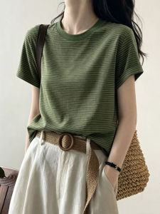 CHOEFULYN | Green Striped Short Sleeve Womens T-Shirt Slim
