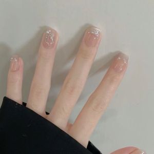 Handmade Short Nail Tips Glass Bead Gold Plated False Nails Winter Autumn Ice Transparent Bare Color French Style Mermaid Tail