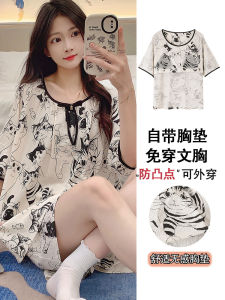 Pure Cotton Womens Sleepwear Set with Chest Pad Short Sleeve Short Pants Cartoon Cat Print Casual Home Clothes Summer Collection