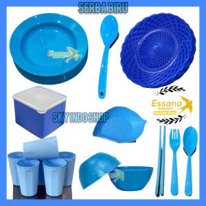 ( Serba Warna Biru ) Piring Bulat | Piring Rotan | Piring Persegi | Gelas | Mangkok | Sendok | Toples | Gayung | Bahan Plastik ( 1 Pcs )