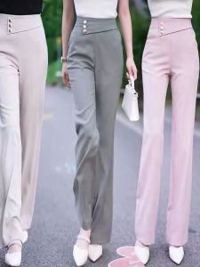 Spring Autumn Casual High Waist Straight Leg Pants Womens Slim Fit Micro Flare Trousers Simple Style Long Pants