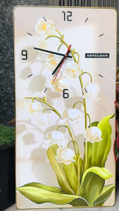 (ẢNH CHỤP) Tranh đồng hồ tráng gương hoa linh lan bo viền vàng kèm đinh và pin