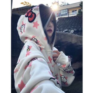 Cute Kitty Cat Hoodie Jacket Loose Casual Spring Autumn Wear for Girls Middle School Students All Matching Girls Outfit