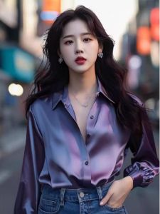 Unique Purple Silk Womens Shirt Spring French Luxury High End Design Beautiful Top Quality Korean Style Loose Fit Long Sleeve