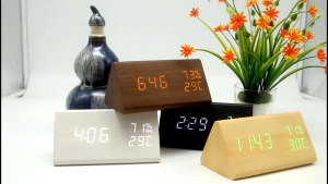 Wooden LED Alarm Clock Voice Control Humidity Temperature Display Digital Clock Home Electronic Thermometer Modern Bed