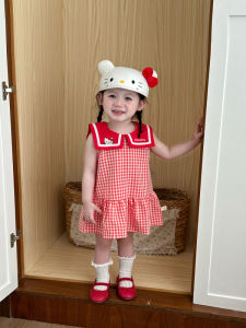 Summer Plaid Dress for Girls Cute Cartoon Embroidery Collar Korean Style Cotton Blend Breathable Mid-Length Skirt for Babies