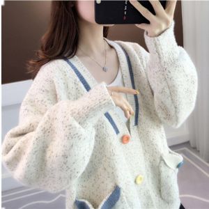 เสื้อคาร์ดิแกนถักยาวคลุมไหล่แบบหลวมๆ สำหรับผู้หญิง ฤดูใบไม้ร่วง 2025 เสื้อคลุมแบบใหม่ ผ้าขนกระต่าย แขนยาว คอวี สไตล์เกาหลี