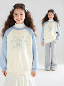 MUCMUKN | All-Plush Bow Print Color-Block Raglan Sleeve Girls Winter New Hoodie