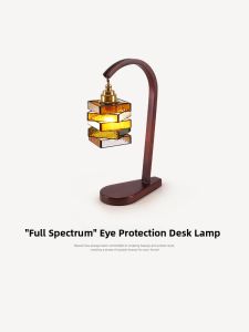 NSWR | Vintage Style Wooden Bedside Lamp with Colored Glass