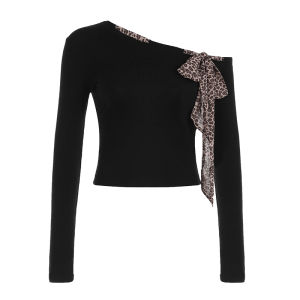 FabGirls American Style Long Sleeve T-Shirt Leopard Print Splice Shoulder Bow Tie Slimming Top for Young Women