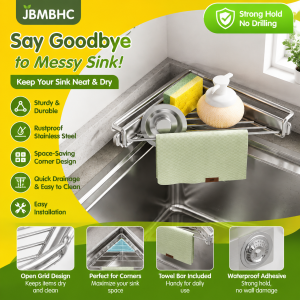 JBMBHC Kitchen Sink Organizer Rack 304 Stainless Steel Sponge Holder Drain Basket Faucet Dishcloth Scrubber Storage Rustproof Multifunctional