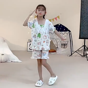 ชุดนอนเด็ก ชุดนอนเด็กหญิงสไตล์เกาหลีแขนยาวลายเจ้าหญิงสำหรับเด็กในฤดูใบไม้ผลิและฤดูใบไม้ร่วง