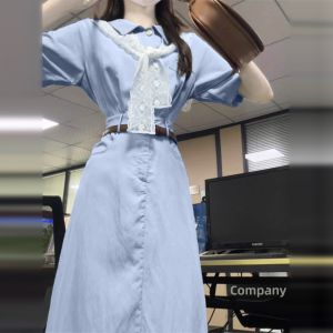 SUSIEYUAN | French Elegance Blue Shirt Dress Slim Waist Summer Dress