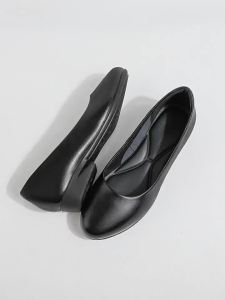 Black Round-Toe Leather Comfortable Work Shoes for Women
